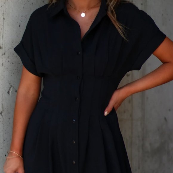 Ginnie Pintuck Button Down Shirt Dress - Black × 1 - Picture 8 of 11